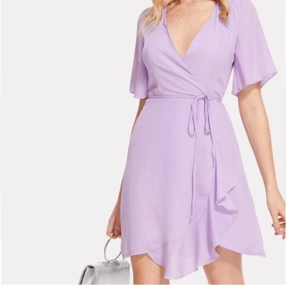 Lilac Wrap Front Flutter Sleeve Dress